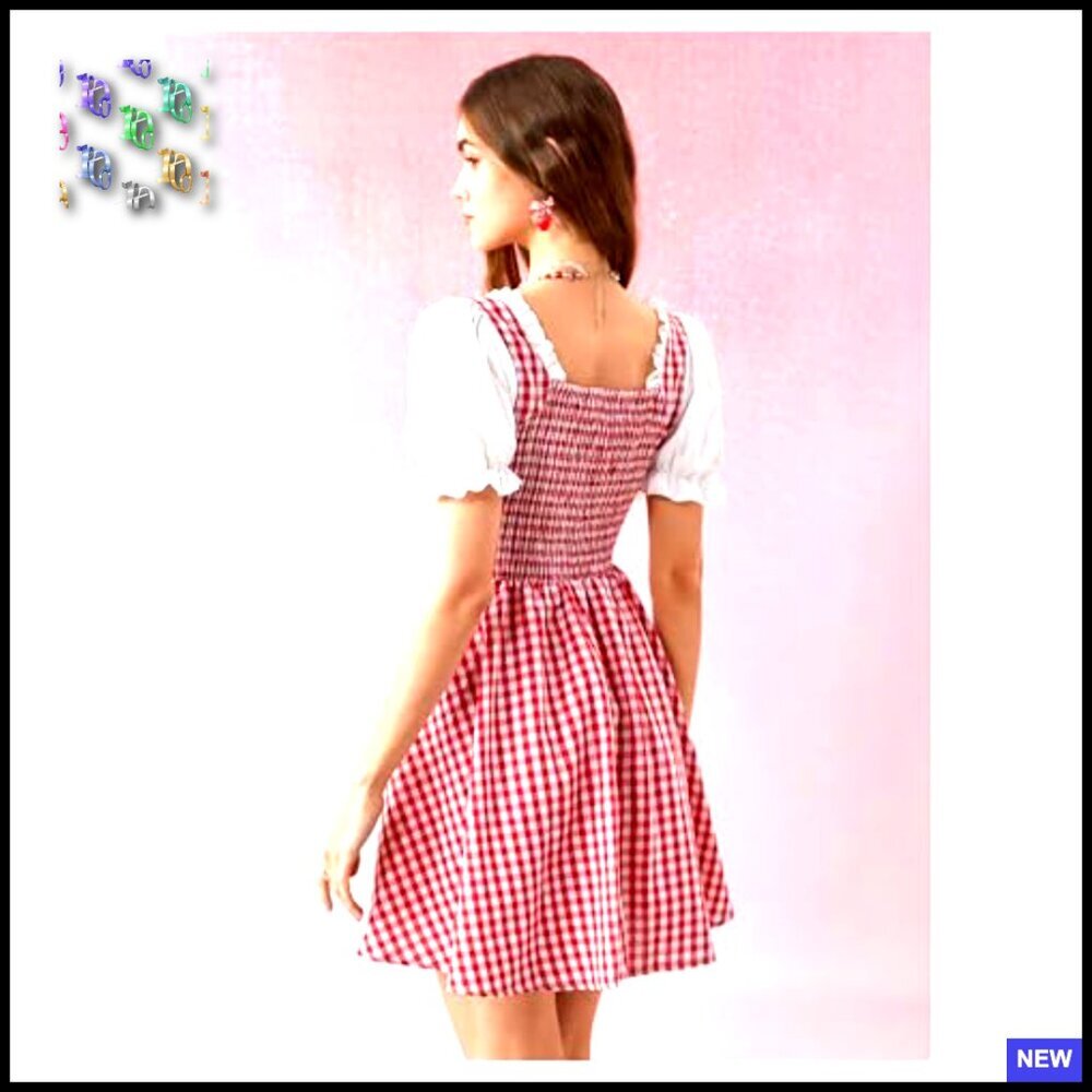 Vintage Cottagecore Gingham Dress Puff Sleeve Lace Up Corset Flared A-Line - Picture 2 of 7